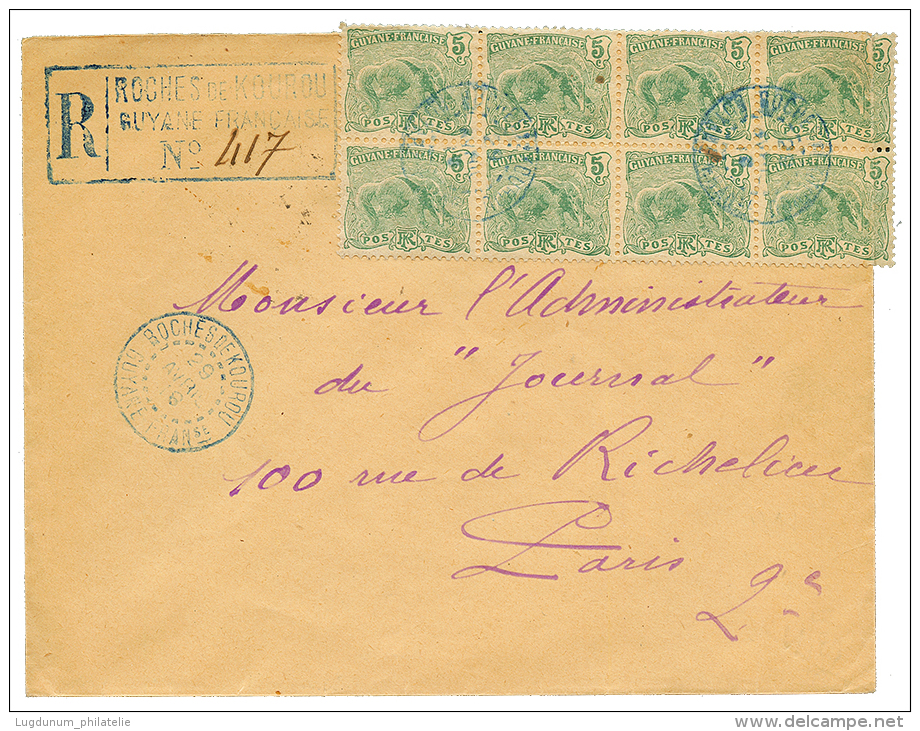 1918 5c Bloc De 8(2 Ex. Plis) Obl. ROCHES DE KOUROU Sur Enveloppe RECOMMANDEE Pour PARIS. TTB. - Other & Unclassified