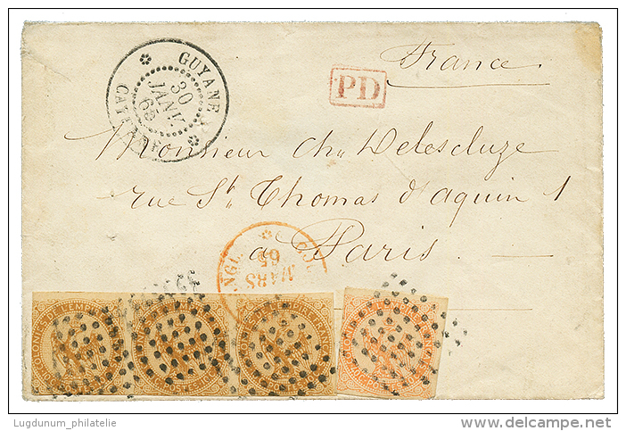 GUYANE : 1865 AIGLE 10c(x3) + 40c Sur Enveloppe De CAYENNE Pour PARIS. Courrier Adress&eacute; &agrave; CHARLES DELESCLU - Other & Unclassified