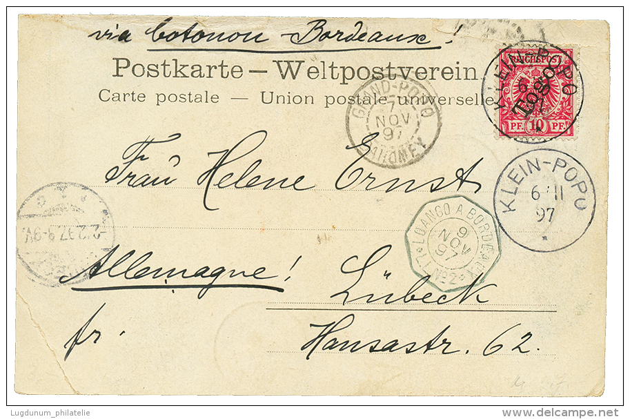 DAHOMEY : 1897 TOGO ALLEMAND 10pf Obl. KLEIN-POPO + GRAND-POPO DAHOMEY + Verso OUIDAH DAHOMEY + COTONOU Sur Magnifique C - Other & Unclassified