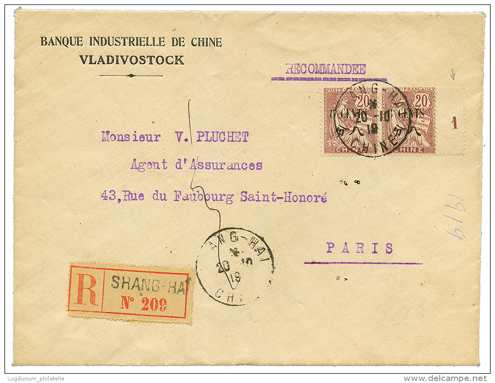 1919 8c S/ 20c (x2) Obl. SHANGHAI CHINE Sur Env. RECOMMANDEE Pour PARIS. TB. - Other & Unclassified