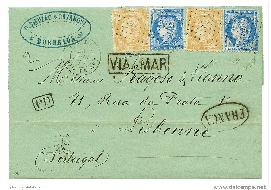 1872 CERES 15c(x2) + 25c(x2) Obl. ANCRE + LIGNE J PAQ FR N&deg;3 + VIA DI MAR Encadr&eacute; Sur Lettre De BORDEAUX Pour - Autres & Non Classés