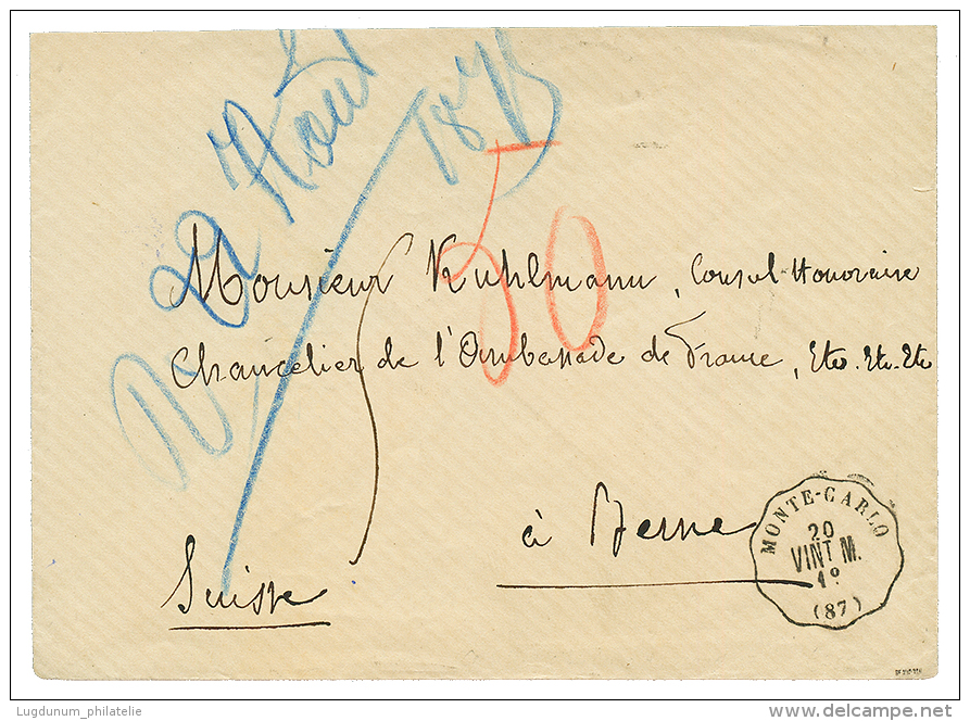 MONACO : 1875 Cachet Convoyeur MONTE-CARLO /VINT.M/ 1&deg; + TAxe 50 Manuscrite Sur Enveloppe NON Affranchie Du VICE CON - Autres & Non Classés