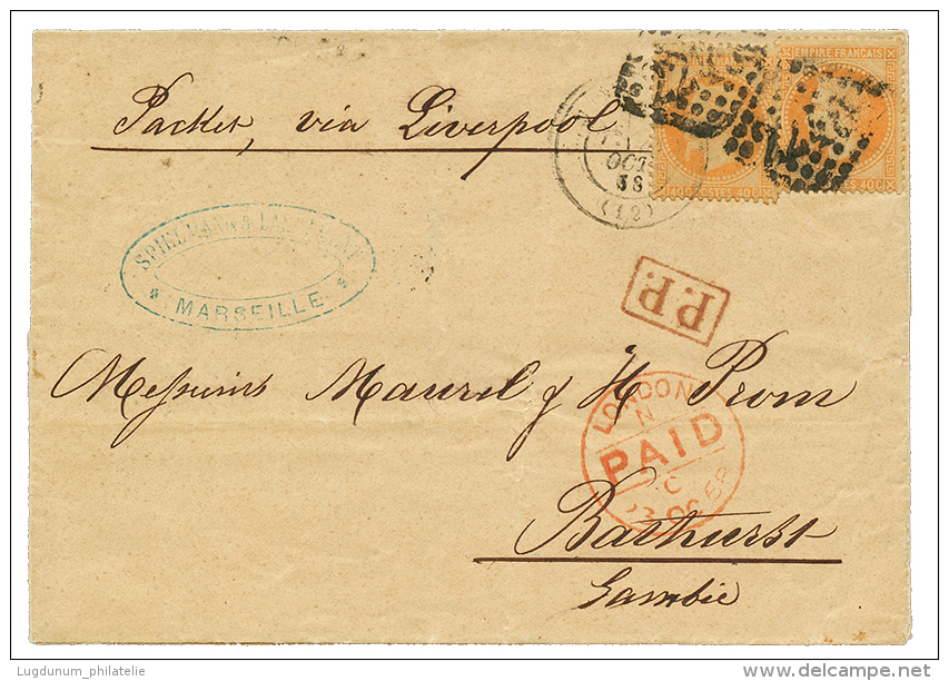 "Destination GAMBIE" : 1868 40c(n&deg;31)x2 Sur Lettre De MARSEILLE Pour BATHURST (GAMBIA). Destination Rarissime &agrav - Autres & Non Classés