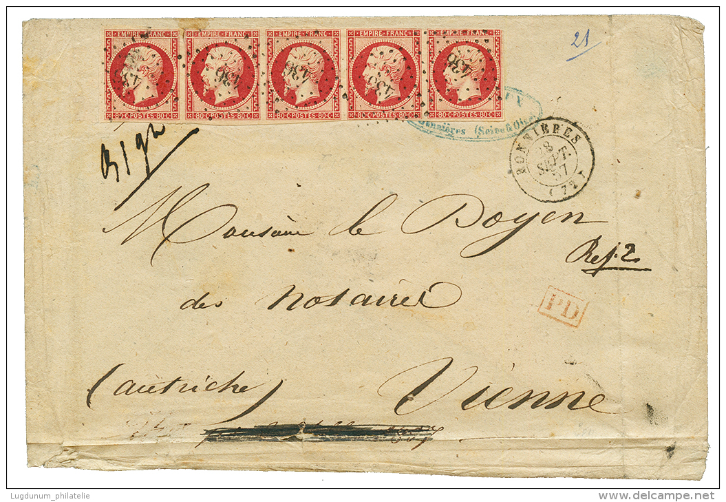 "Affrt &agrave; 4F Pour L' AUTRICHE" : 1857 Bande De 5 Du 80c(n&deg;17) Superbe Nuance Obl. PC 436 BONNIERES Sur Envelop - Autres & Non Classés