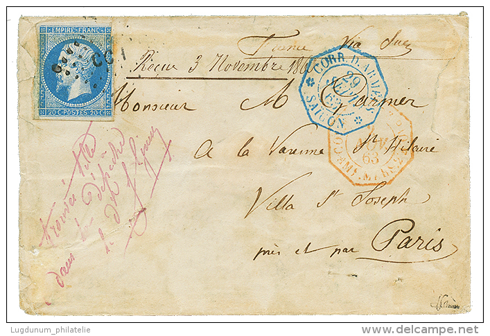 "Timbre De FRANCE Utilis&eacute; En INDOCHINE " : 1863 20c(n&deg;14) Obl. CCH + CORR. D'ARMEES SAIGON Sur Enveloppe Au T - Autres & Non Classés