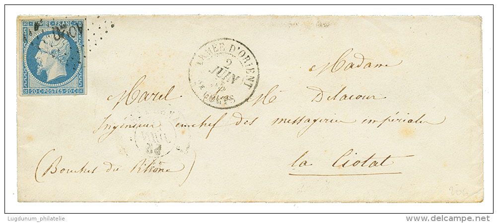 1855 20c(n&deg;14) Obl. AO2C + ARMEE D'ORIENT 2e CORPS Sur Env. Pour La FRANCE. Rare. Cote 2900&euro;. Ex. DUBUS. TB. - Autres & Non Classés