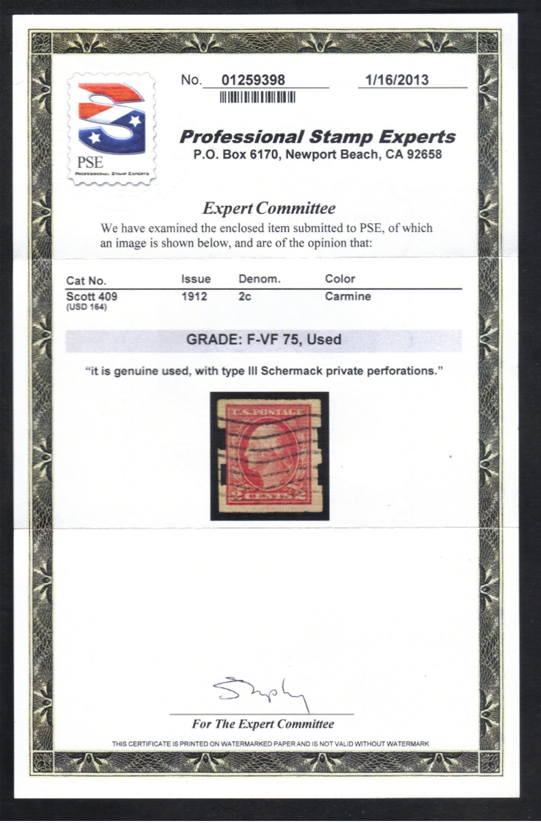 1912 Used Schermack 2c Imperf Scott #409 PSE Cert#01259398 F-VF-See Cert - Other & Unclassified