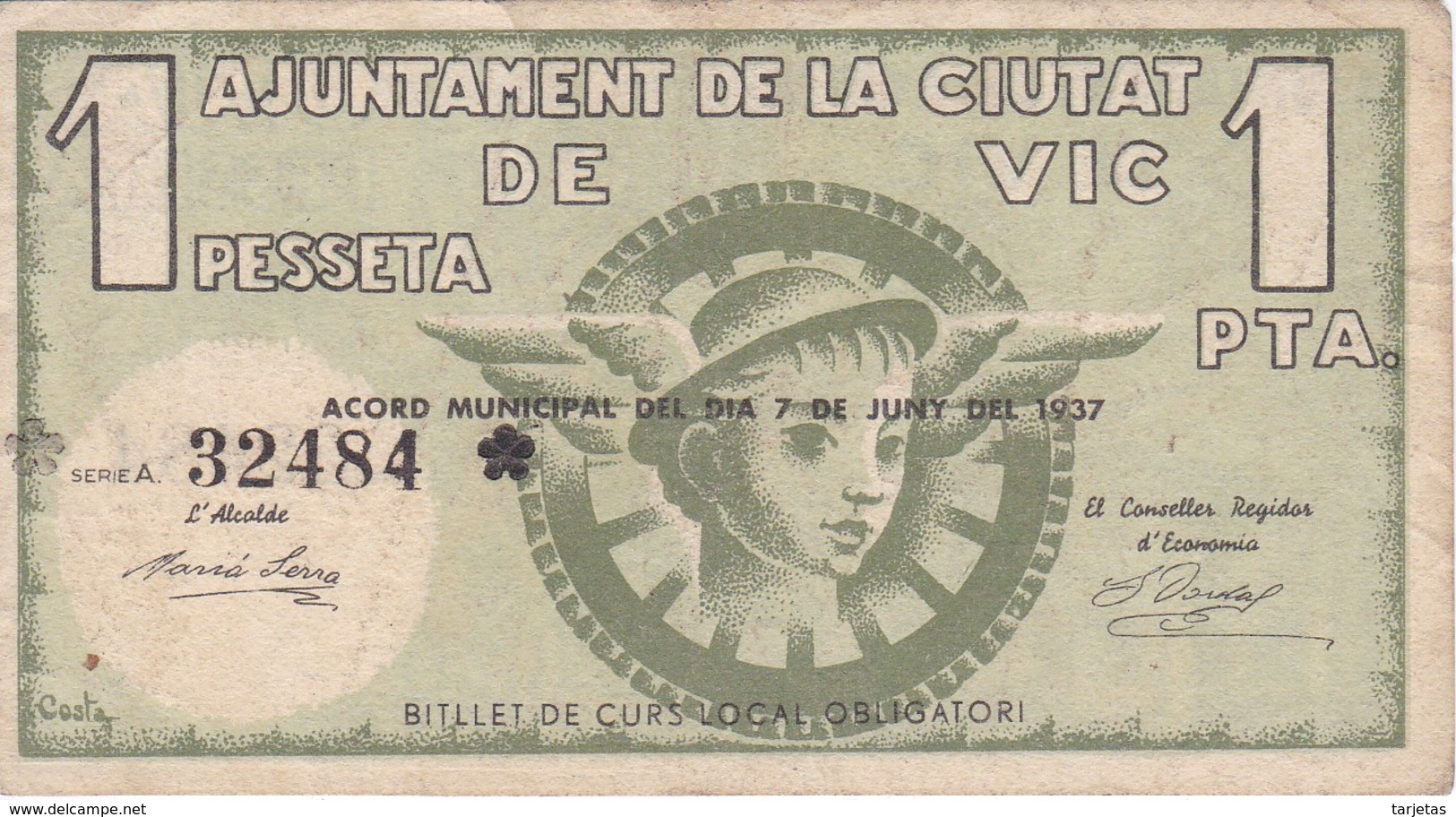 BILLETE DE 1 PTA DEL AJUNTAMENT DE VIC DEL AÑO 1937 (BANKNOTE) - Otros & Sin Clasificación