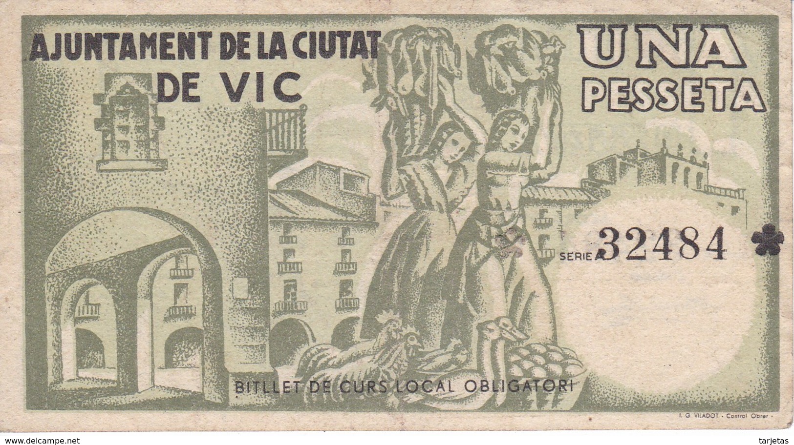 BILLETE DE 1 PTA DEL AJUNTAMENT DE VIC DEL AÑO 1937 (BANKNOTE) - Otros & Sin Clasificación