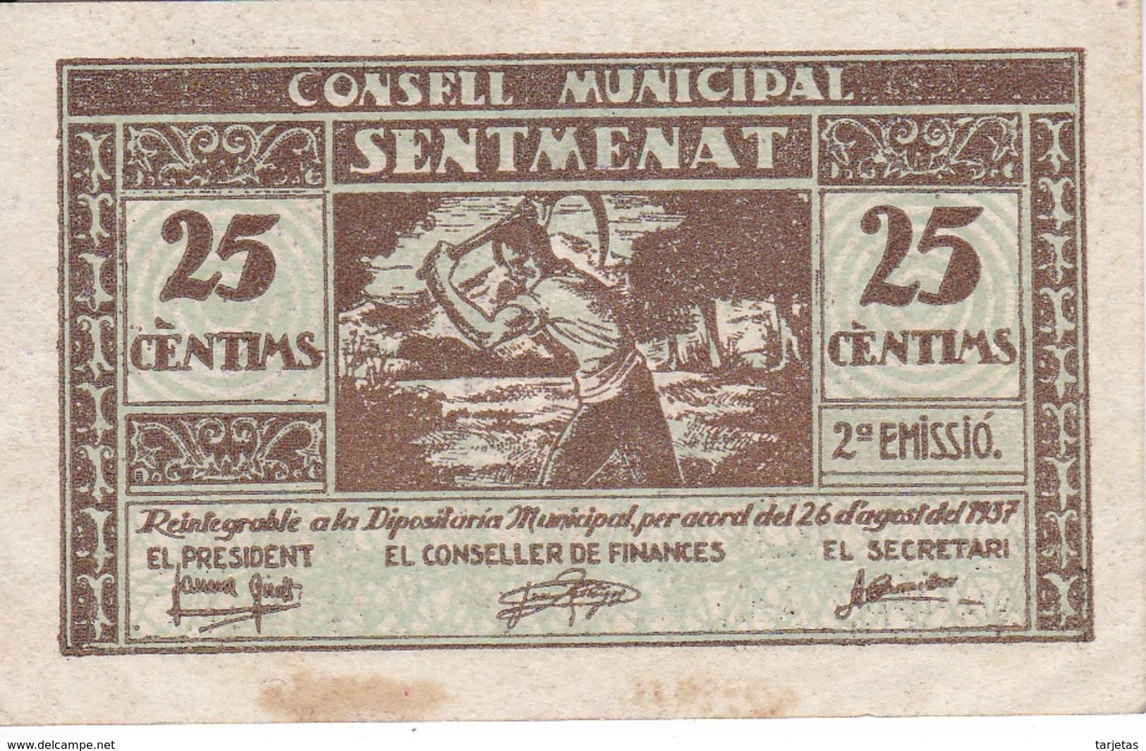 BILLETE DE 25 CTS DEL CONSELL MUNICIPAL DE SENTMENAT (SELLO AZUL) DEL AÑO 1937 (BANKNOTE) - Otros & Sin Clasificación