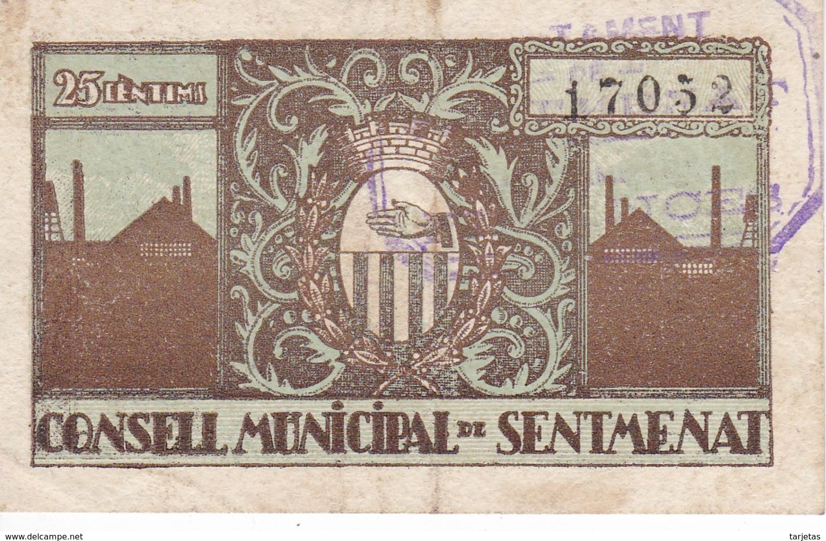 BILLETE DE 25 CTS DEL CONSELL MUNICIPAL DE SENTMENAT (SELLO AZUL) DEL AÑO 1937 (BANKNOTE) - Otros & Sin Clasificación