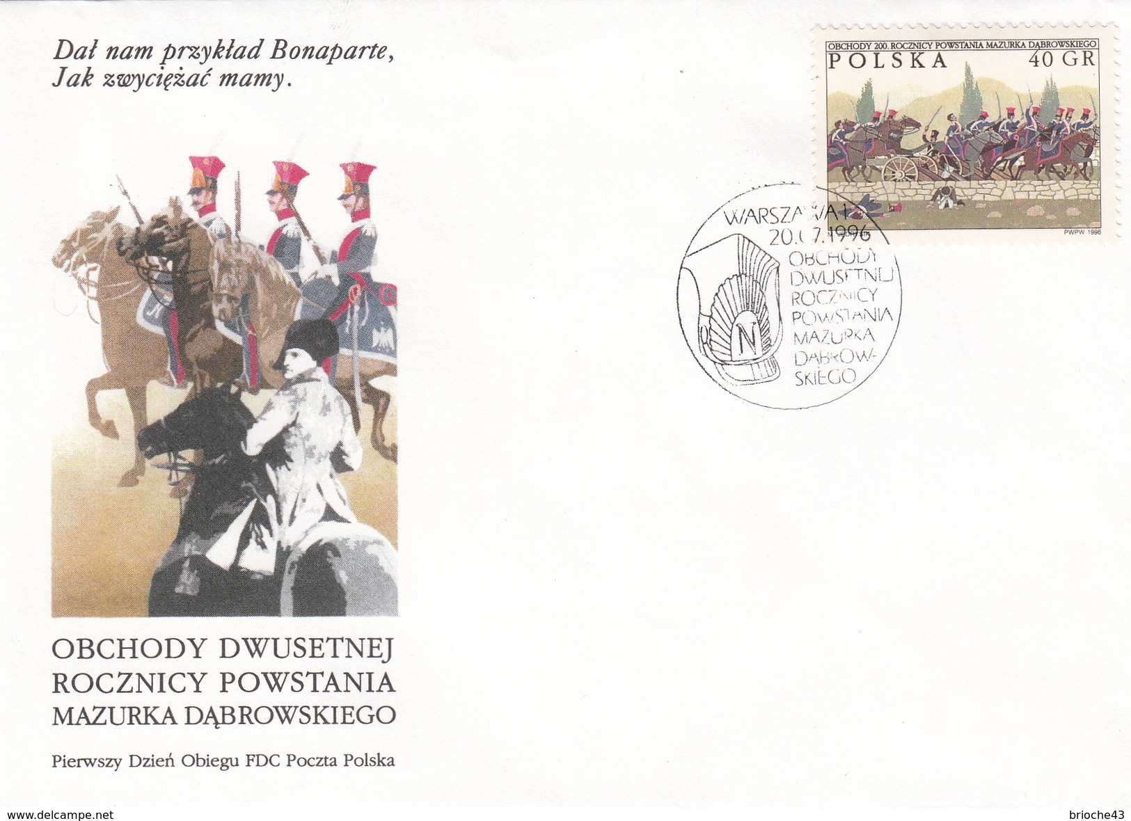 POLOGNE - FDC COVER OBCHODY DWUSETNEJ ROCZNICY POWSTANIA MAZURKA DABROWSKIEGO - WARSZAWA 20.07.1996 / 1 - FDC