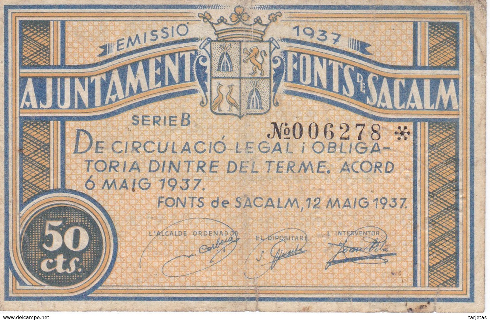 BILLETE DE 50 CTS DEL AJUNTAMENT FONTS DE SACALM DEL AÑO 1937 (BANKNOTE) - Sonstige & Ohne Zuordnung