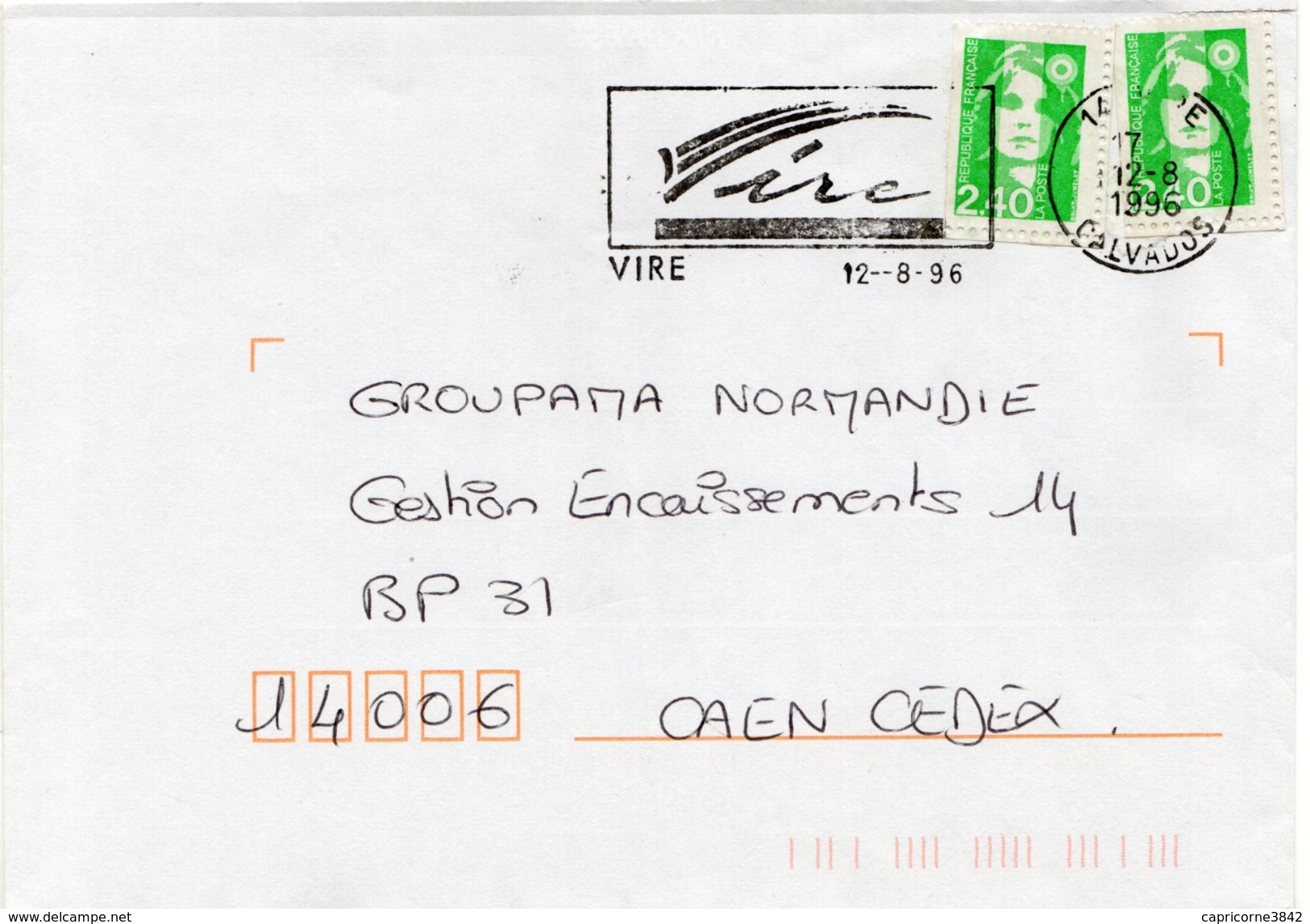 1996 - Lettre De VIRE Pour CAEN - 2 Timbres Marianne Du Bicentenaire 2,40&euro; (n°2823 ?)   VOIR DENTELURE - Storia Postale