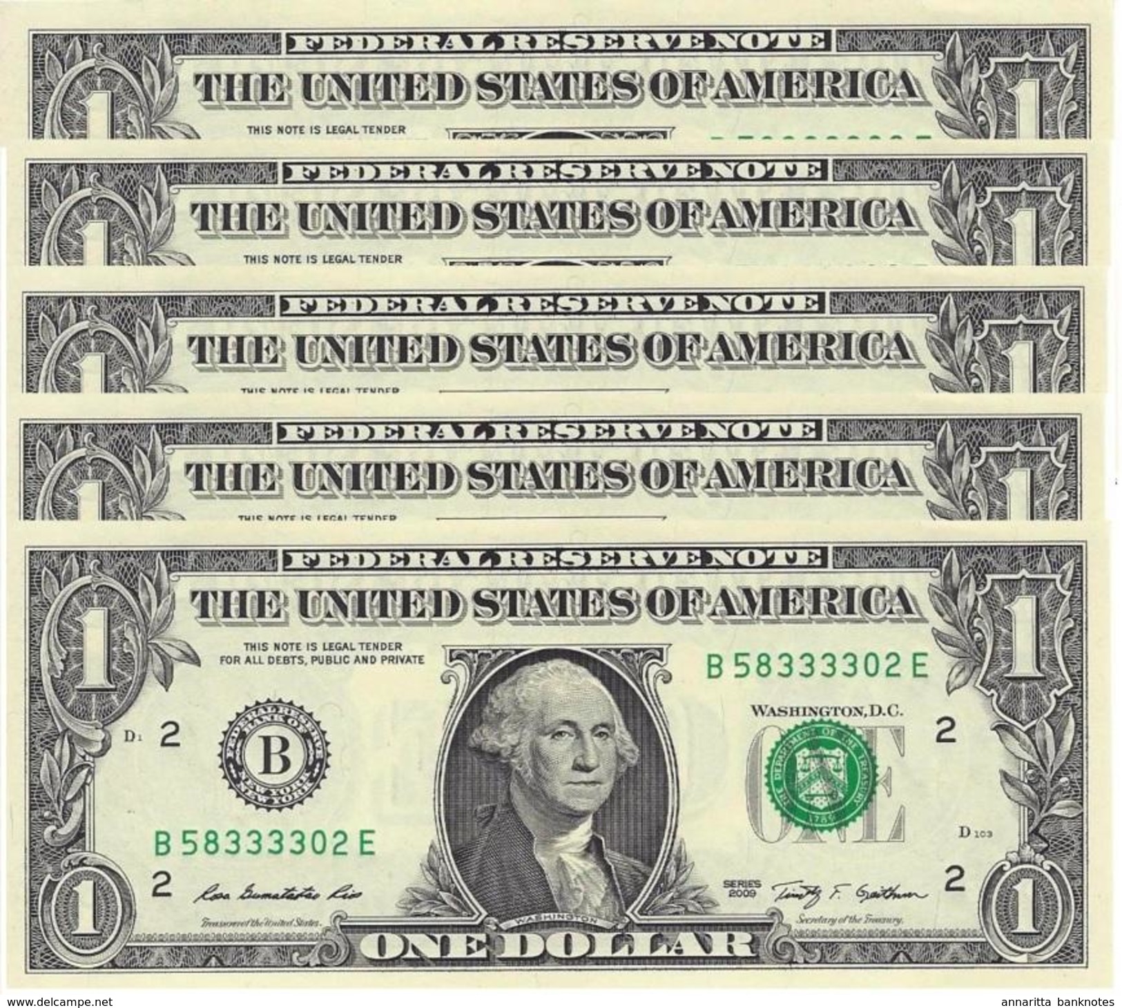UNITED STATES 1 DOLLAR 2009 P-530B UNC NEW YORK 5 PCS [ US530B ] - Federal Reserve Notes (1928-...)