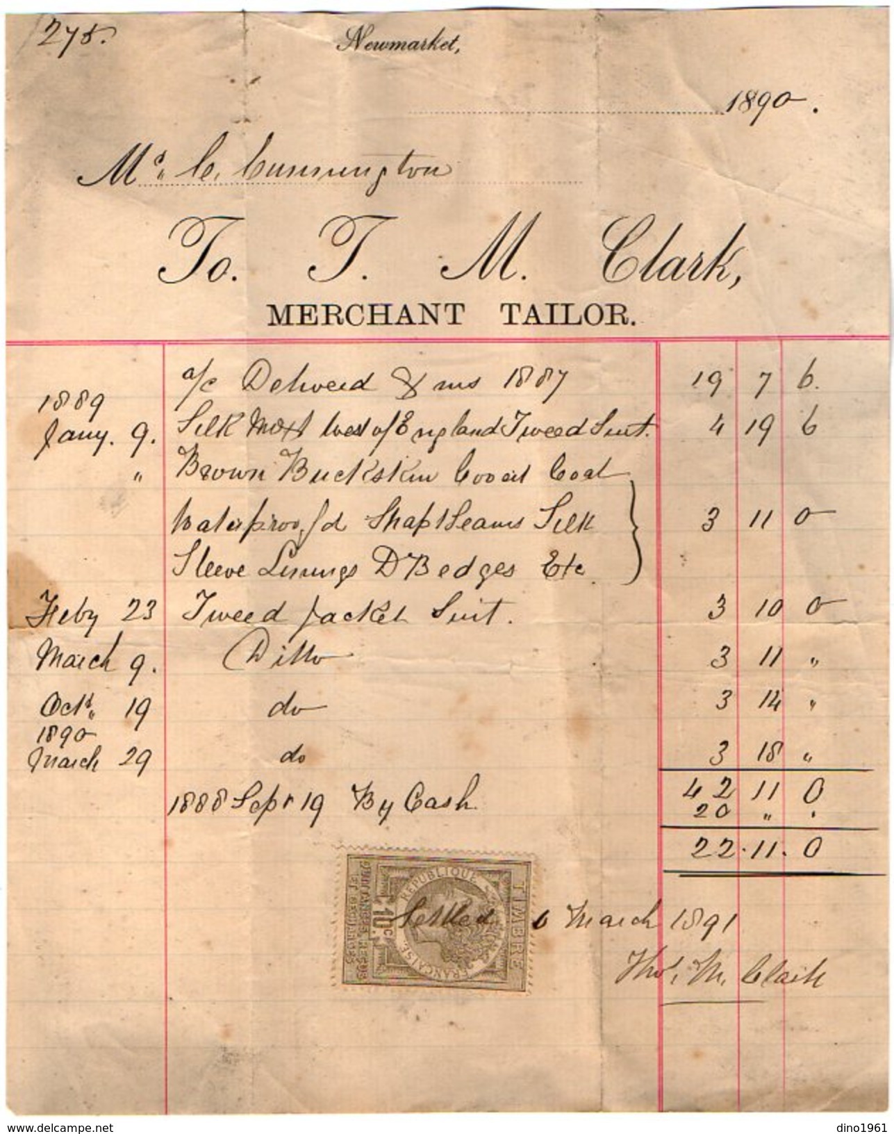 VP10.005 - Facture - Jo. J. M. CLARK Merchant Tailor à NEWMARKET ( Angleterre ) - Regno Unito