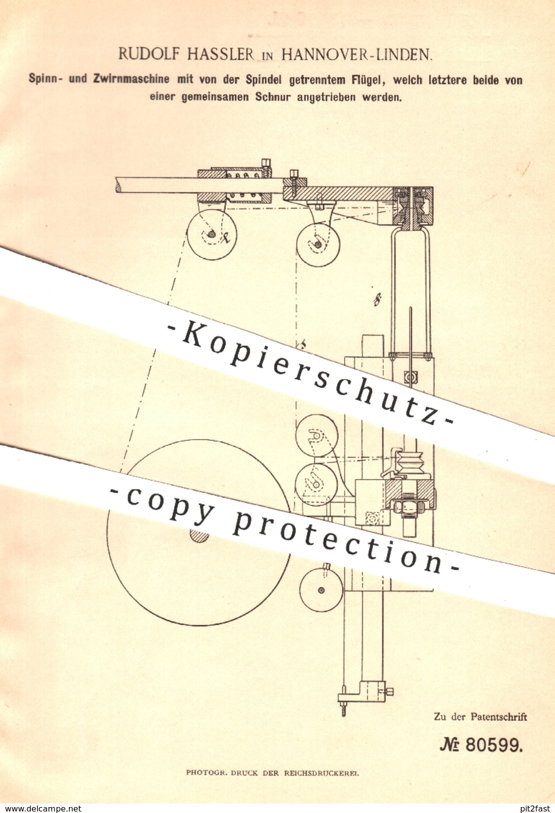 Original Patent - Rudolf Hassler , Hannover Linden , 1894 , Spinnmaschine U. Zwirnmaschine | Spinnen , Zwirn , Garn !!! - Historische Dokumente