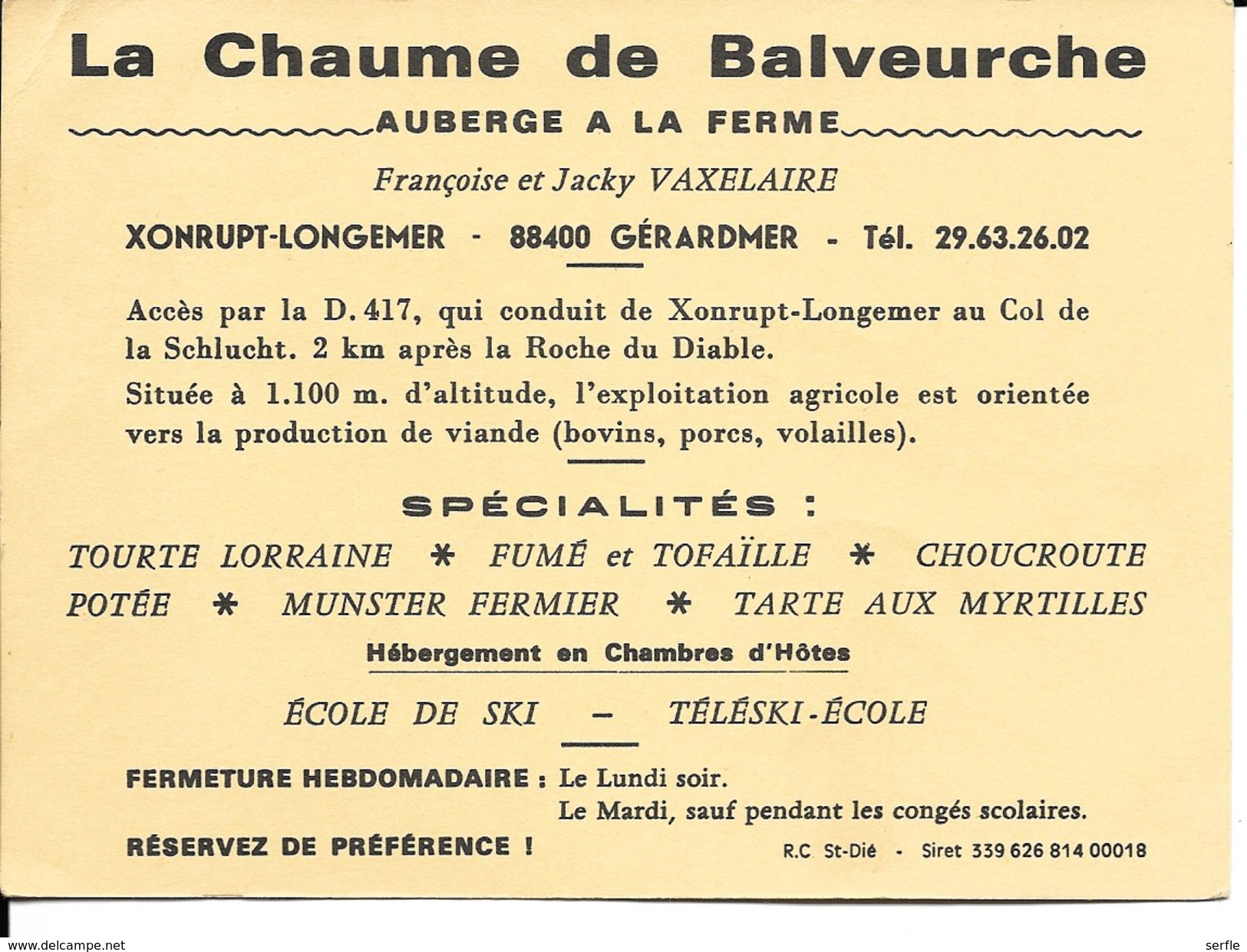 88 - Xonrupt-Longemer - Carte Publicitaire Auberge " La Chaume De Balveurche" - Xonrupt Longemer