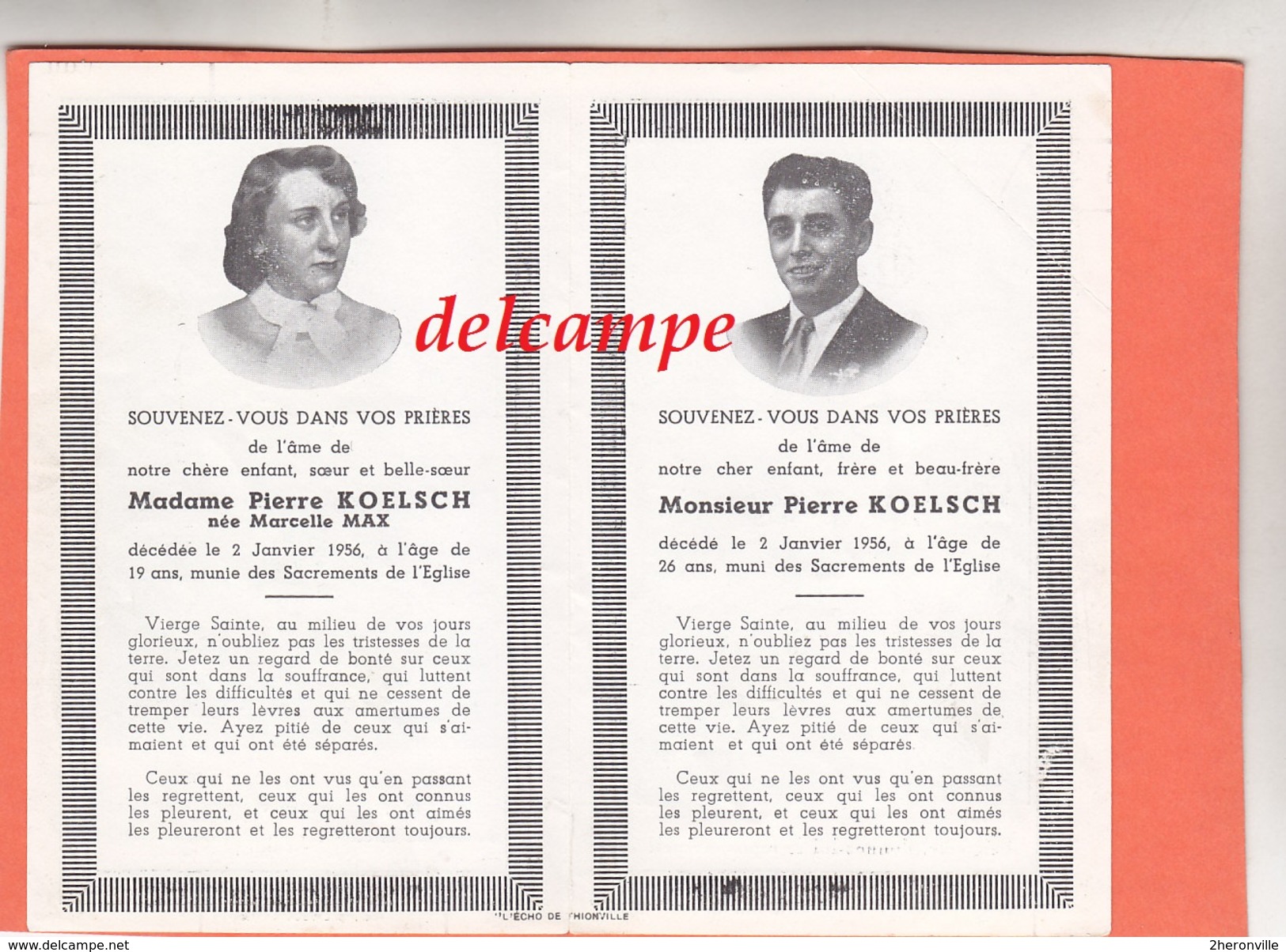 Carte Ancienne De Deux Décès - THIONVILLE Mr  Et Mme Pierre KOELSCH  02 Janvier 1956 - Décès