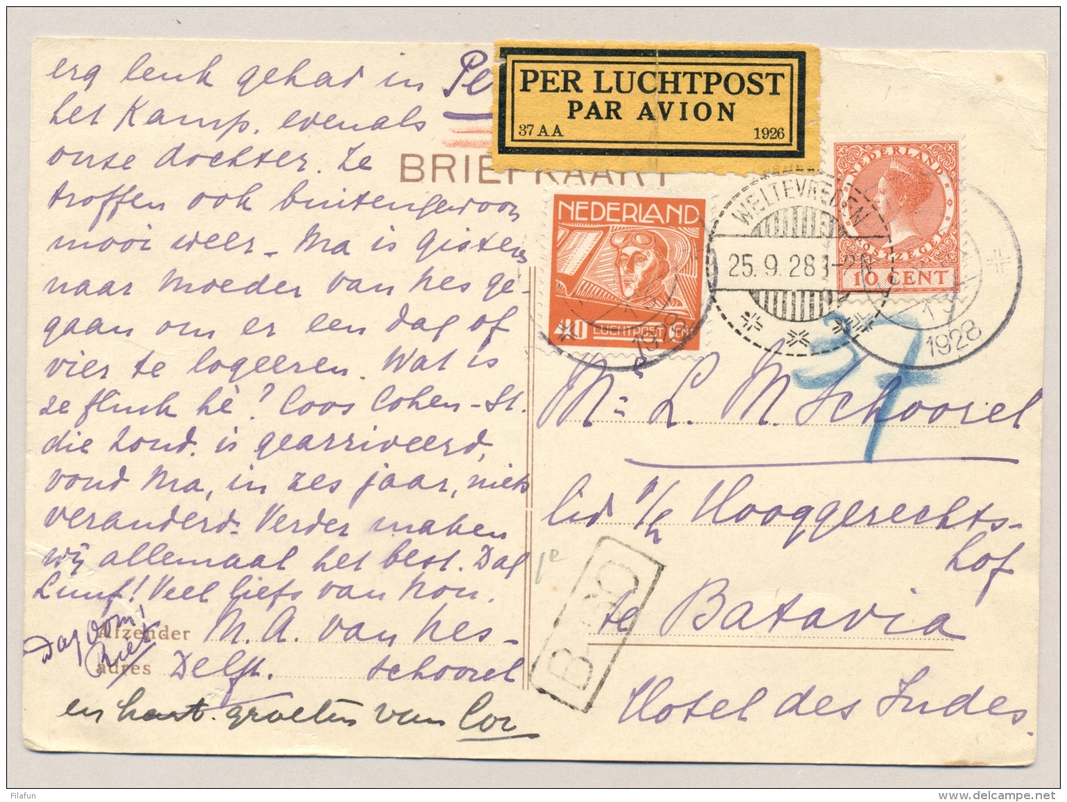 Nederland - Nederlands Indië - 1928 - Briefkaart Met 1e Proefvlucht KLM Van Amsterdam Naar Batavia - Nederlands-Indië