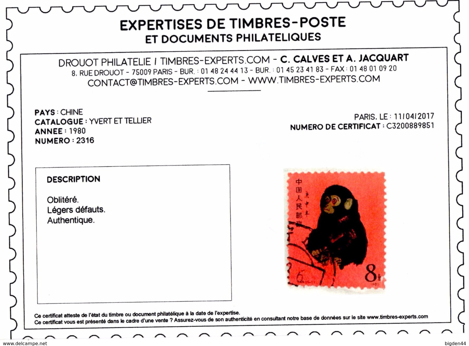 Année Du Singe_Year Of The Monkey 1980_China_used Stamp GENUINE_Expert Certificate - Oblitérés