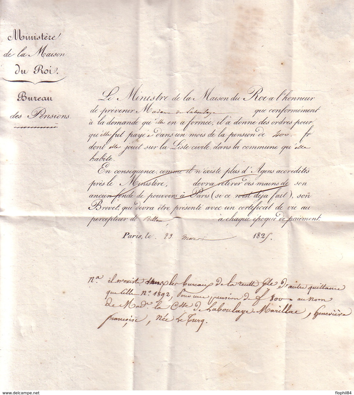 MINISTERE DE LA MAISON DU ROI - SERVICE DU ROI - BUREAU DE PENSIONS - PARIS 23 MARS 1825 - SERVICE DU ROI - AFFRANCHI PA - 1801-1848: Precursors XIX