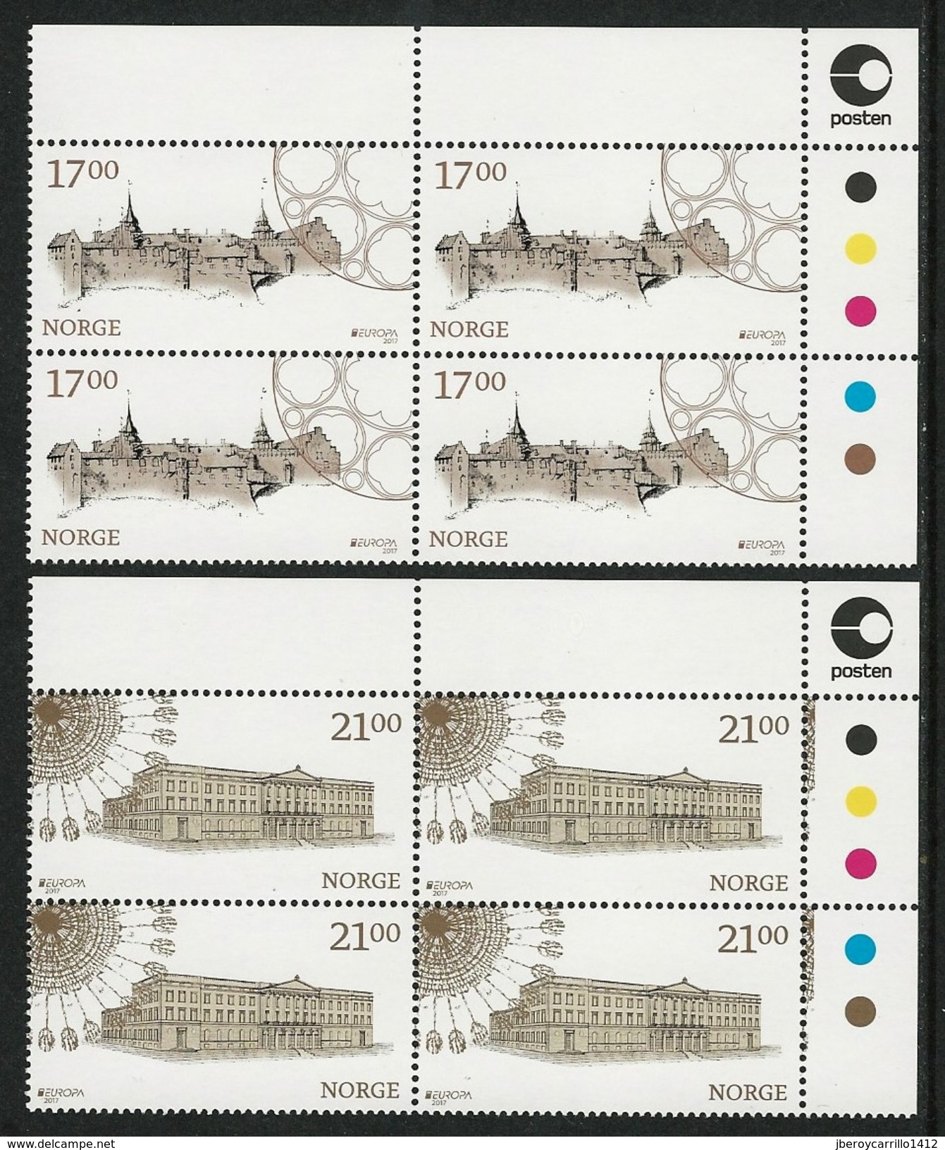 NORUEGA/ NORWAY/ NORWEGEN -EUROPA-CEPT 2017.-TEMA:"CASTILLOS -CASTLES -SCHLÖSSER".- SERIE De 2 V. En BLOCKS De 4 - 2017