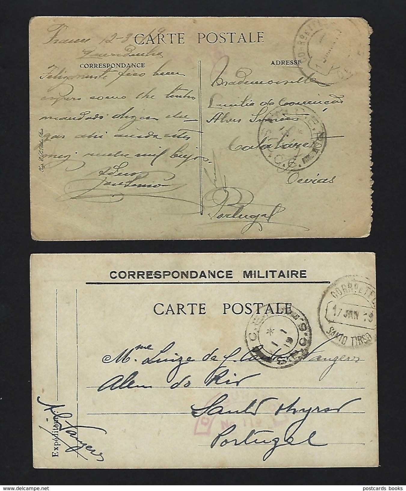 Set 2 Carte Postales CORRESPONDANCE MILITAIRE. Cancel CENSURA + CEP. Stampless WWI Ww1 War Military Mail 1917 + 1919 - Poststempel (Marcophilie)