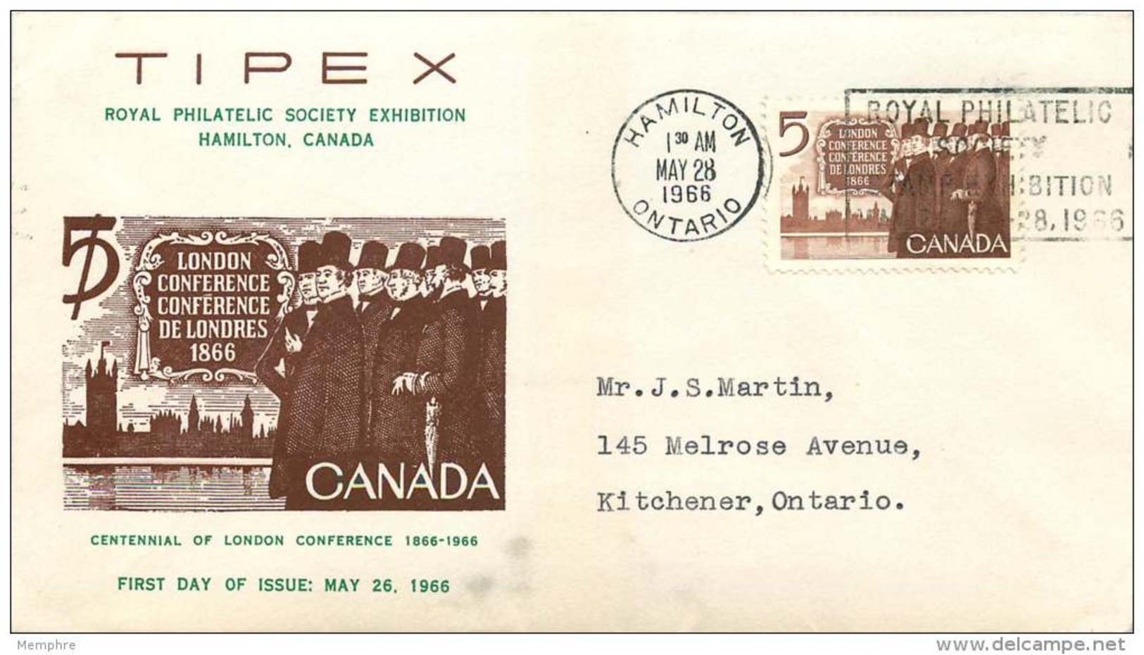 1966  London Conference Centennial  TIPEX Royal Philatelic Society Exhibition Cachet  Sc 448 - 1961-1970