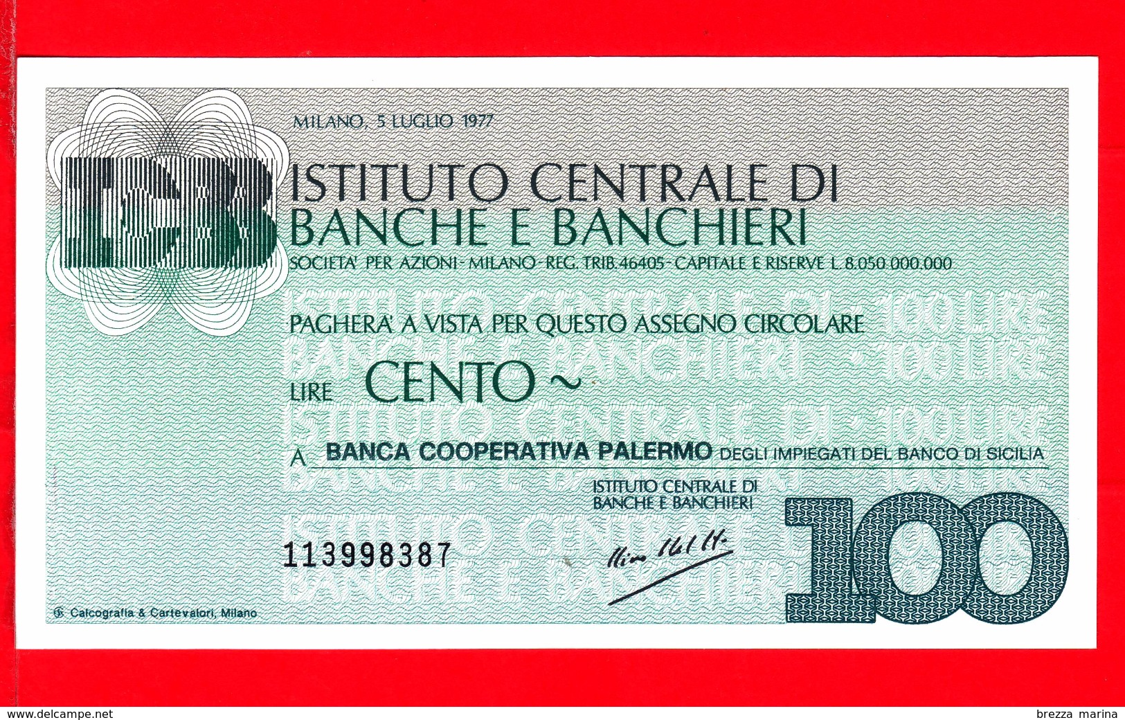 MINIASSEGNI -  ISTITUTO CENTRALE BANCHE E BANCHIERI - FdS - Banca Cooperativa Palermo - [10] Assegni E Miniassegni