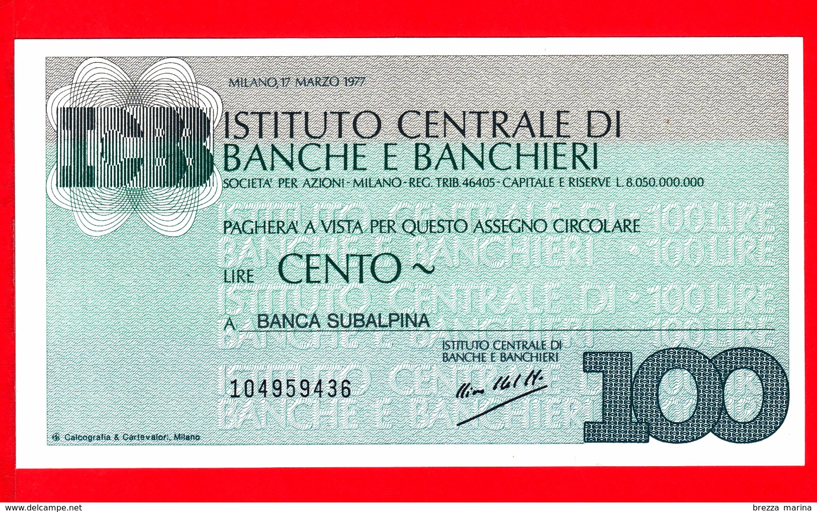 MINIASSEGNI -  ISTITUTO CENTRALE BANCHE E BANCHIERI - FdS - Banca Subalpina - [10] Cheques Y Mini-cheques