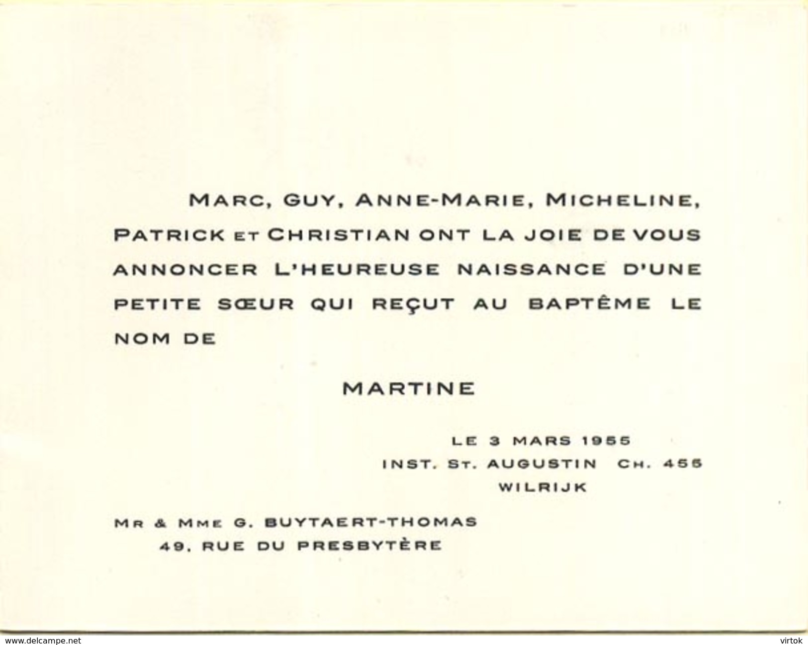 Geboorte - Naissance - Birth - Geburt : MARTINE     ( 10.5 X 8 Cm ) - Geboorte