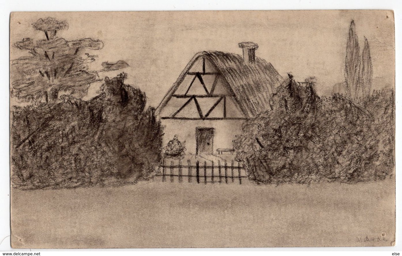 DEVANTURE DE MAISON   DESSIN AU CRAYON  SUR PAPIER CARTONNE   AU VERSO  RUILLY 1912 FORMAT CARTE POSTALE ANCIENNE - Dessins