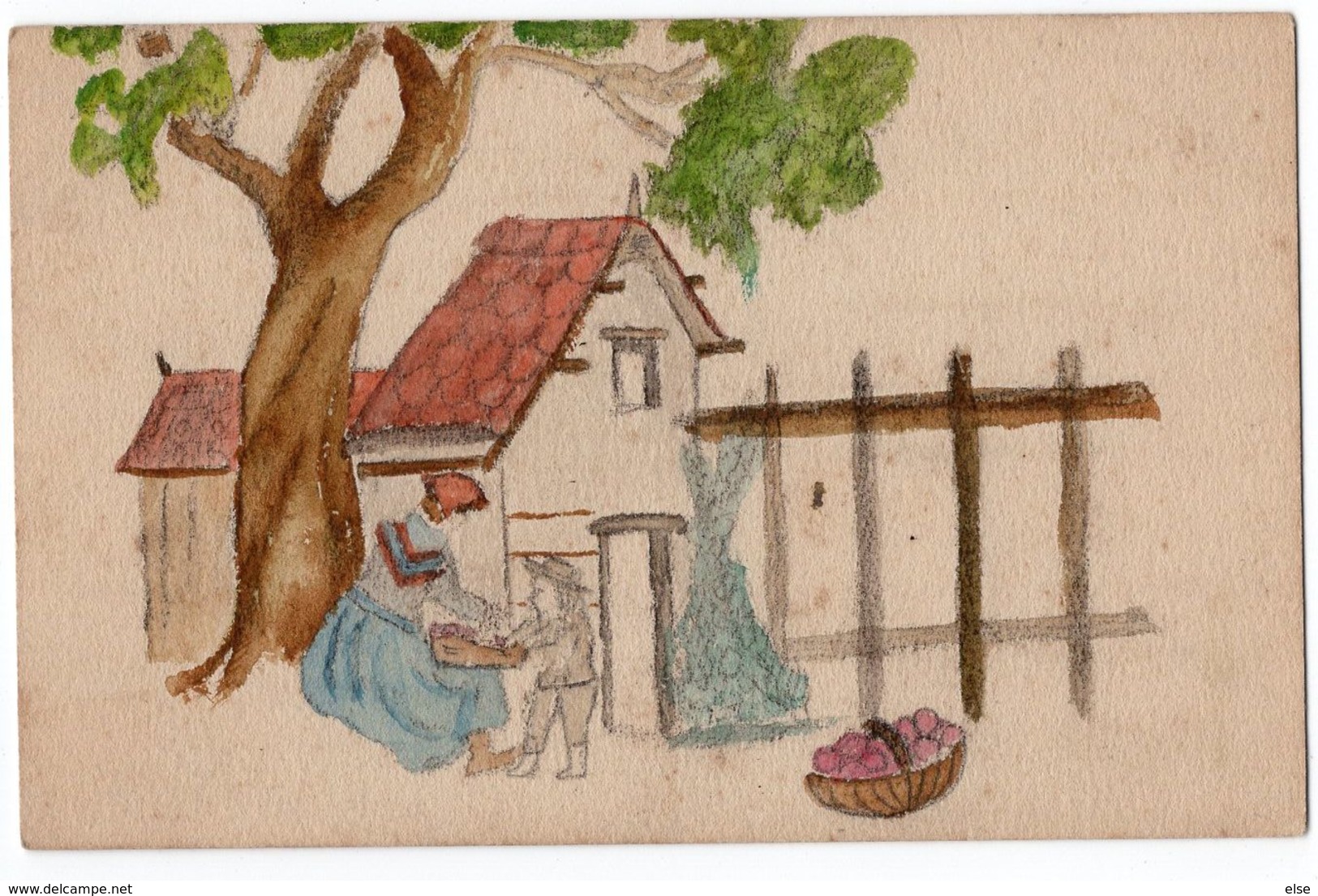 PAYSAGE  DEVANTURE DE MAISON  DESSIN CRAYON DE COULEUR   REALISEE DIRECTEMENT SUR CARTE POSTALE ANCIENNE - Dessins