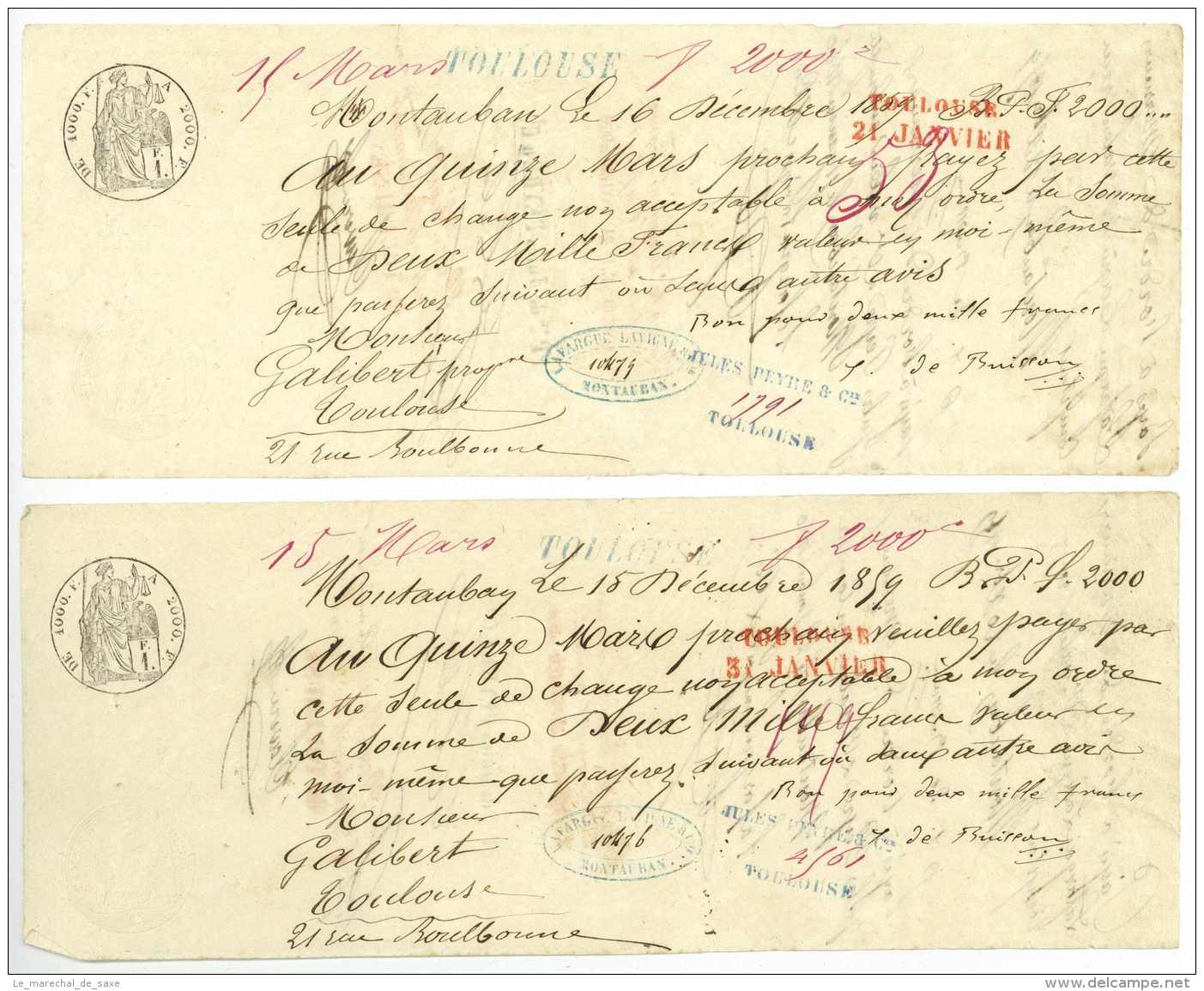 MONTAUBAN 4 Lettres De Change Toulouse 1859 DE BUISSON Galibert 4 X 2000 Francs - Chèques & Chèques De Voyage