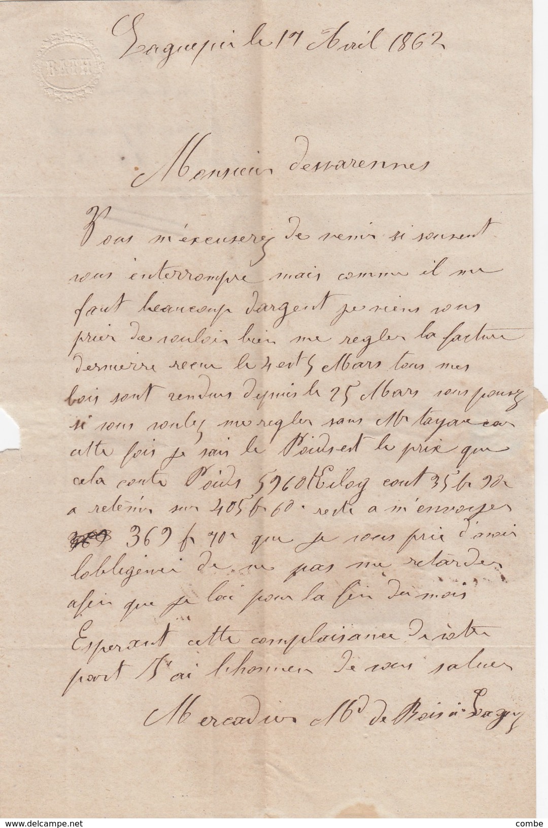 LETTRE.   17 AVRIL 1862.  N° 14.  T22.   TARN-&-GARONNE  VERFEIL-S-SEYE.  PC 3900.   BOITE RURALE   B =  LA GUEPIE.  / 2 - 1849-1876: Période Classique