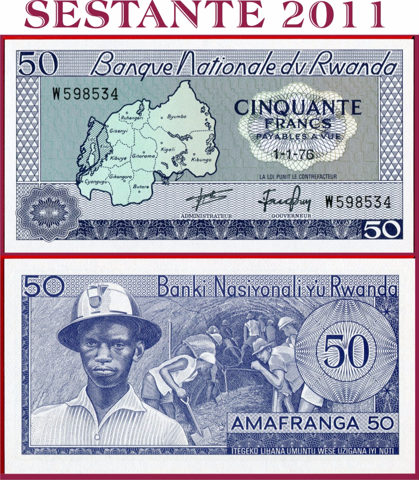 RWANDA  -  50 FRANCS 1.1. 1976   -  P 7c   -  Uncirculated UNC - Rwanda