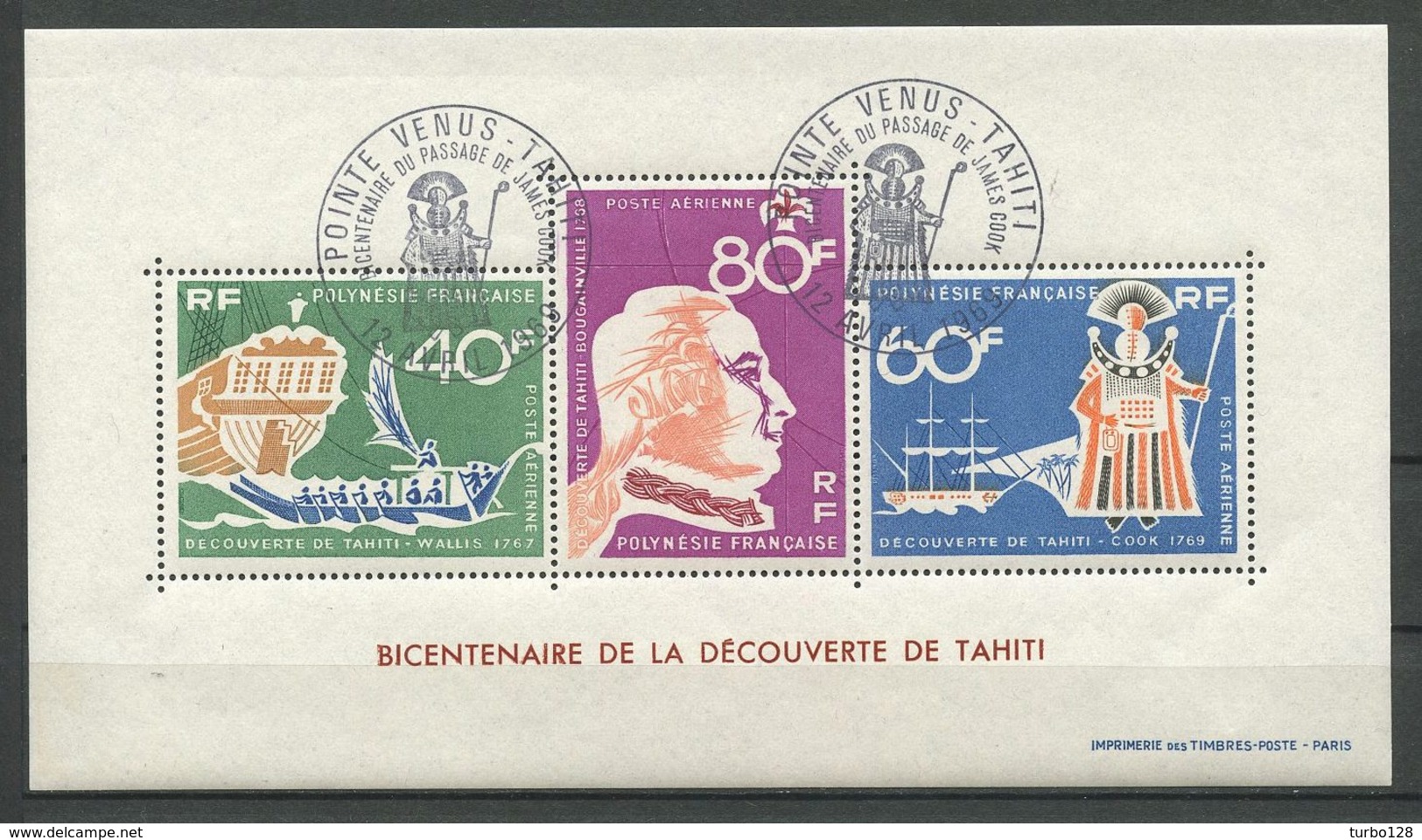 POLYNESIE 1968  Bloc N° 1 Oblitéré Used Superbe Cote 180 &euro; Bicentenaire Découverte De Tahiti Bateaux Ships Sailboat - Blocchi & Foglietti