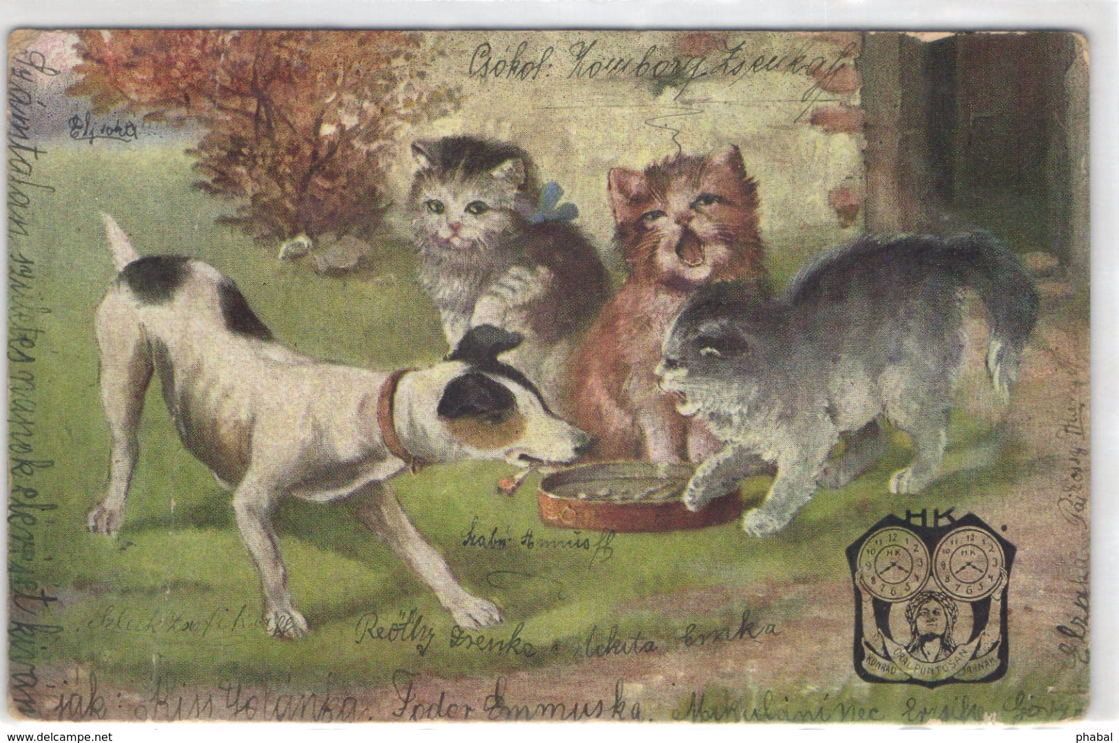 Cats, Dogs, Cats With A Hungry Dog, Old Postcard - Chats