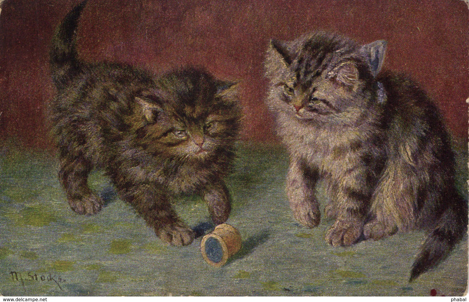 Cats, M. Stocks, Two Kittens Playing With A Wooden Plug, Old Postcard - Chats