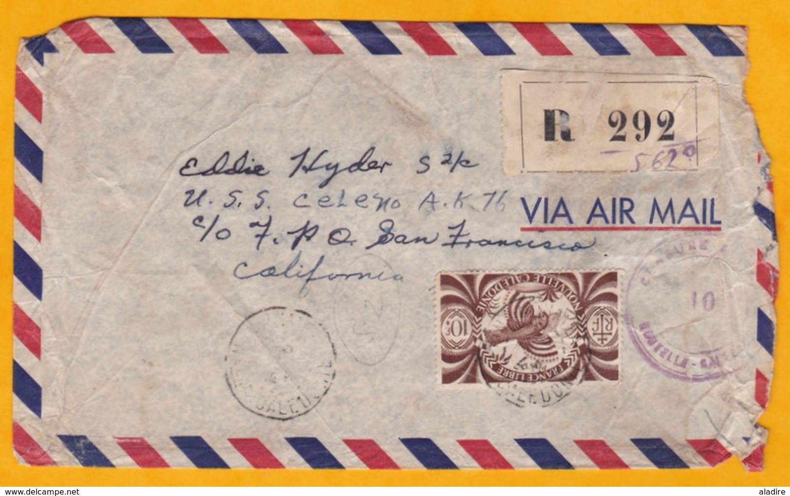 1945 - Enveloppe De Noumea  Vers San Francisco, USA - Censure 2e Guerre - WW2 - Cachet Transit New York Et US Navy - Lettres & Documents