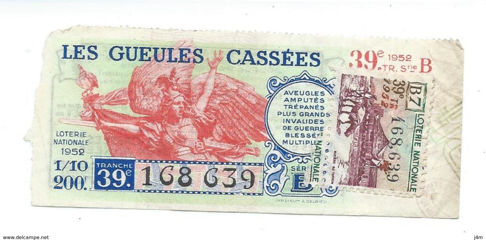 BILLET LOTERIE NATIONALE 1952 : Gueules Cassées, Timbre Rizière Au Tonkin, TR 39 Série B7 - Billets De Loterie