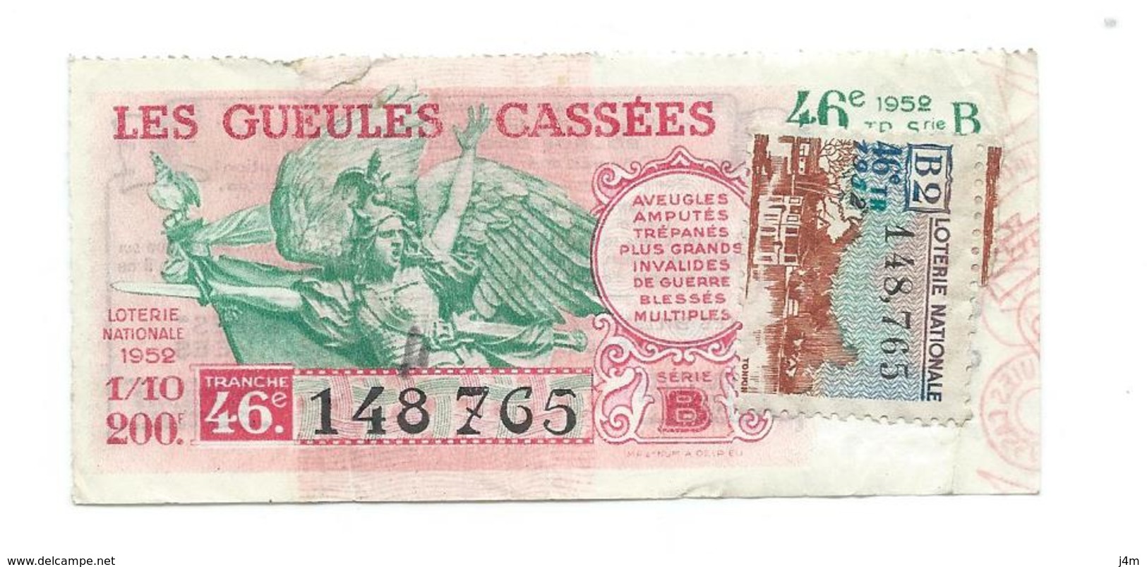 BILLET LOTERIE NATIONALE 1952 : Gueules Cassées, Timbre Tonkin, TR 46 Série B2 - Billets De Loterie