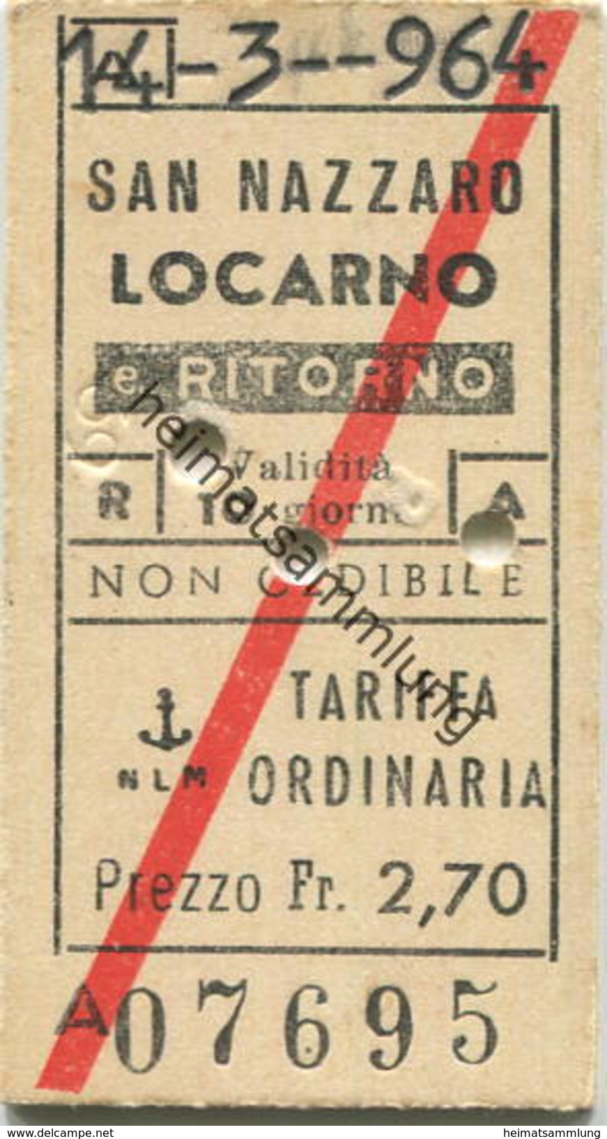 Schweiz - NLM San Nazzaro Locarno E Ritorno - Fahrkarte 1964 - Europa