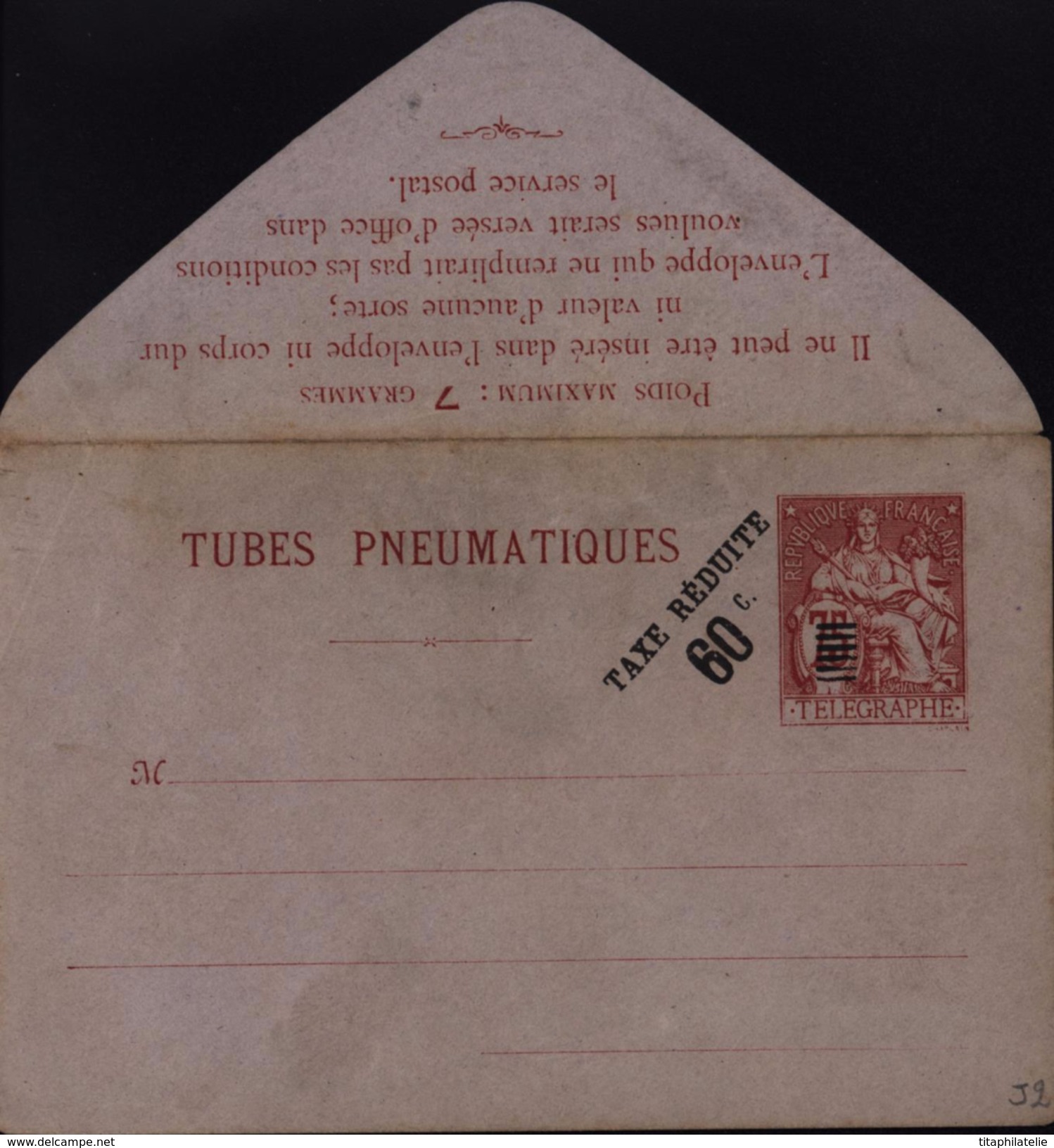 Entier Enveloppe Tubes Pneumatiques Surcharge Typographique Taxe Réduite 60c Noire 6 Traits Sur 75 Chaplain Papier Lilas - Rohrpost