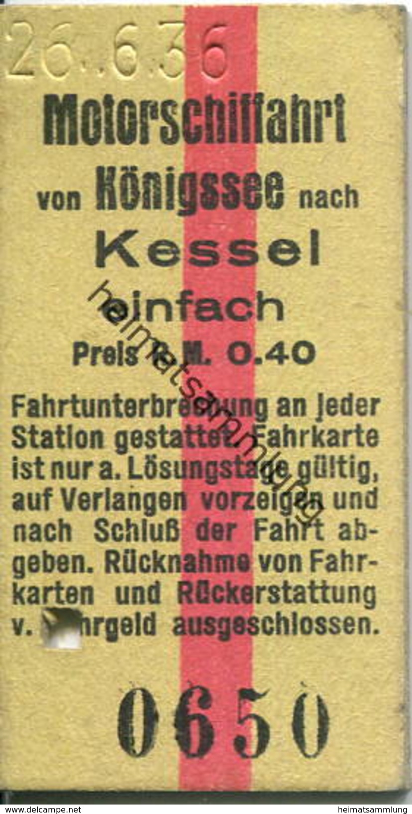 Deutschland - Motorschiffahrt Von Königssee Nach Kessel Einfach Preis R.M. 0.40 - Fahrkarte 1936 - Europa