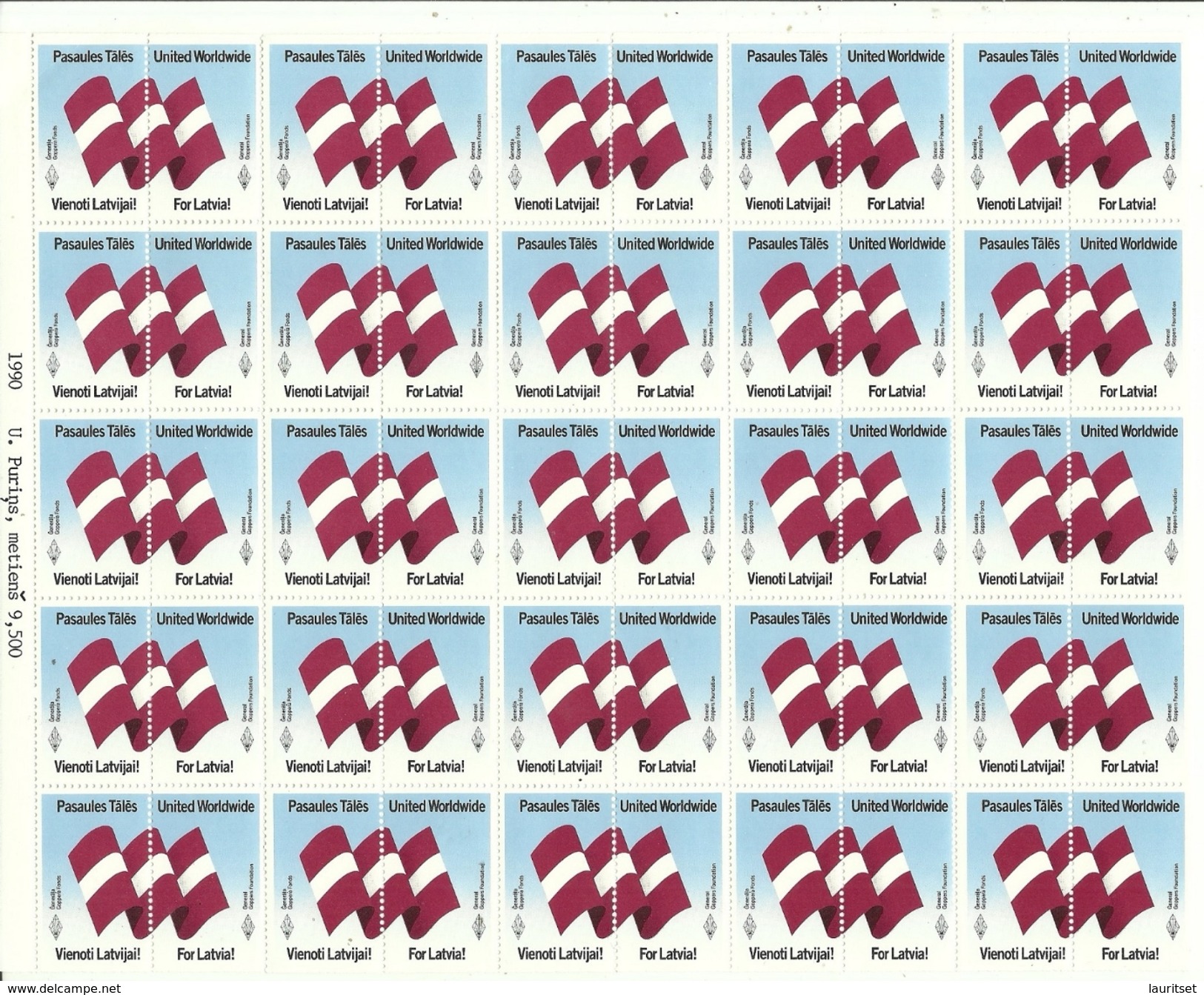 LETTLAND Latvia 1990 Flagge Flag Kompletter Bogen Von 50 Vignetten MNH - Winter 1998: Nagano