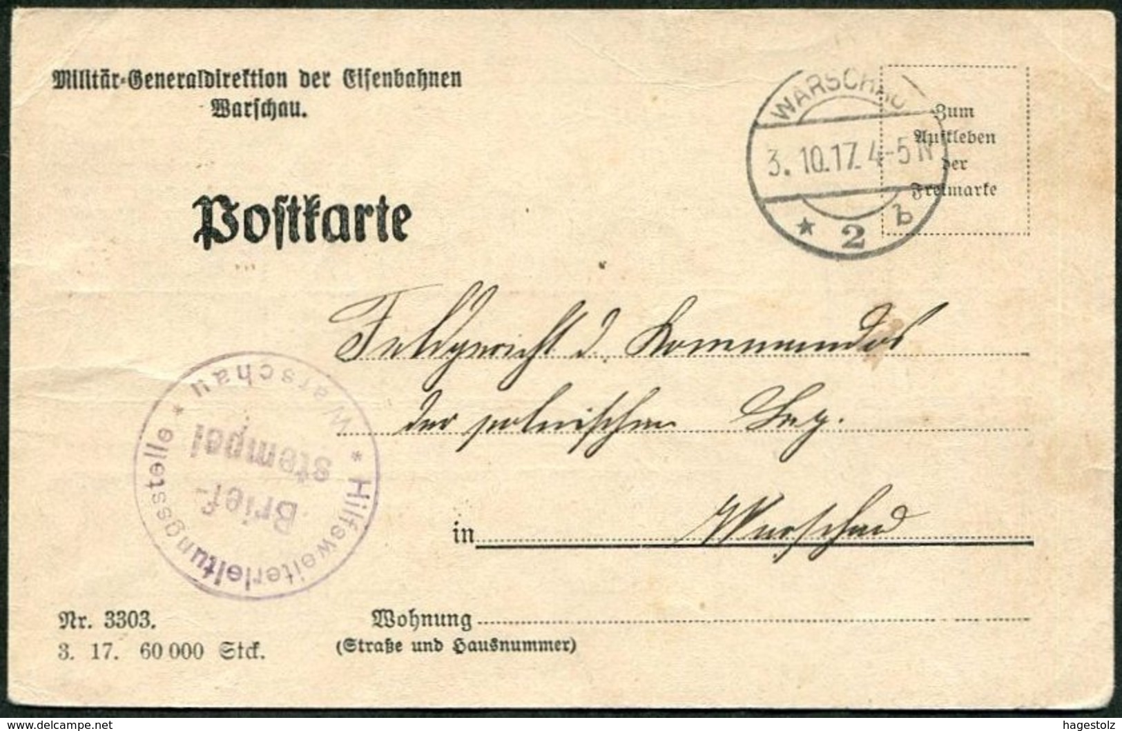 RAILWAY Service Card WW1 Germany Occupation Russia Poland Deutsche Besetzung Polen 1917 Warsaw Warschau Eisenbahn WWI - Briefe U. Dokumente