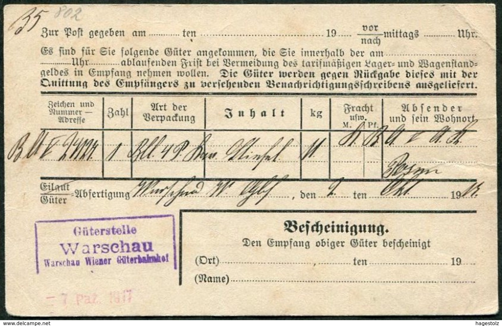 RAILWAY Service Card WW1 Germany Occupation Russia Poland Deutsche Besetzung Polen 1917 Warsaw Warschau Eisenbahn WWI - Briefe U. Dokumente