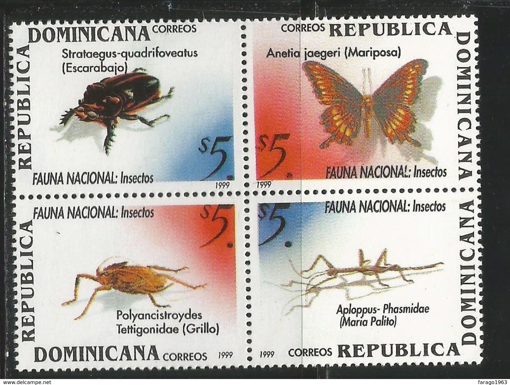 1999 Dominican Republic Insects Butterflies  Complete Block  Of 4  MNH - Dominikanische Rep.